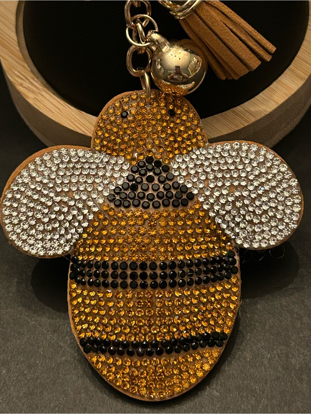 PREMIUM Puffy Gold, Black & Clear Bee 🐝 Crystal Bag Charm Keychain with Tassel